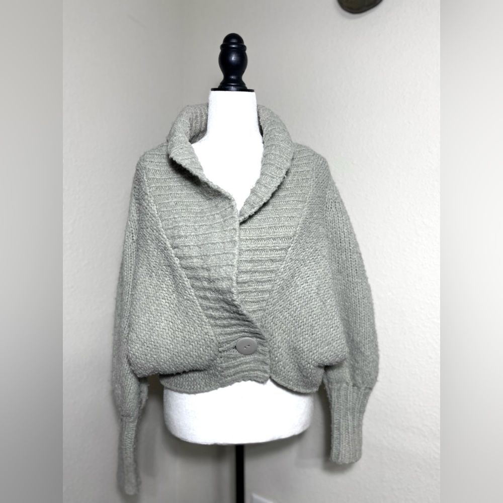 Warehouse Double Breasted Shawl Collar Cropped Wool Blend Cardigan Sweater Gray